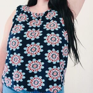 Crown & Ivy Plus Size Tank Sleeveless Blue Orange Keyhole Mandala Scallop Hem 3X